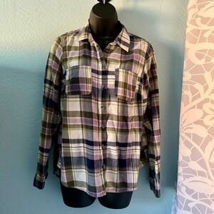 SO Lavender & Olive Green Plaid Button Down Flannel Shirt Size Small